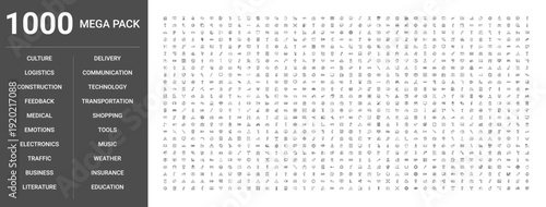 Set of 1000 thin line icons covering business, medical, education, technology, communication, transportation, construction, shopping, delivery, music, weather, emotions, tools, traffic, insurance