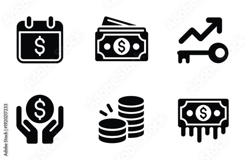 Vector collection of finance related icons including money, coins, and graphs