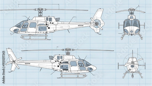 Detailed vehicle autocad blueprint of a helicopter from multiple viewpoints and angles