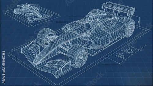 Detailed vehicle autocad blueprint of a racing car in 3D wireframe on a technical drawing sheet