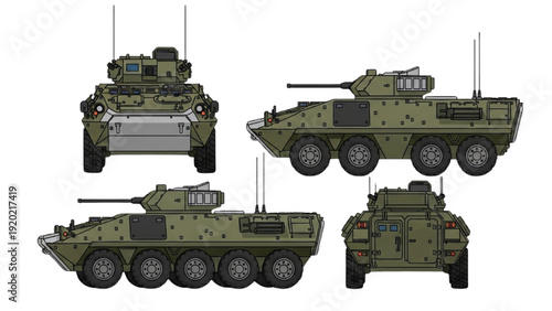 Military vehicle autocad blueprint designs showcasing armored transport technology from multiple angles