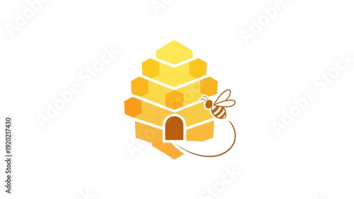 Stylized Bee Flying to a Geometric Beehive Illustration.