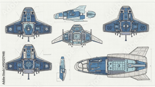 Detailed vehicle autocad blueprint illustrations of futuristic aircraft designs displayed from various viewpoints