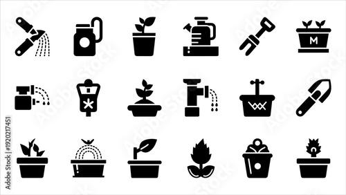 Gardening Tools and Plants Illustrated in Simple Icons on a Clean Background from a Direct Viewpoint