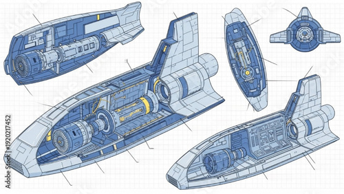 Detailed vehicle autocad blueprint diagram showcasing multiple views of a futuristic spacecraft design