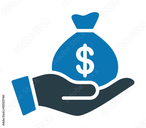 Blue vector of a hand holding a money bag with a dollar sign