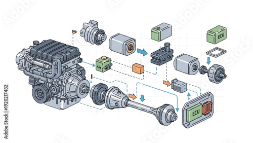 Detailed vehicle autocad blueprint illustration showcasing engine components and transmission parts in an isometric view