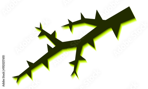 Dark green thorny branch silhouette with sharp spikes, isolated nature element perfect for botanical illustration, Halloween design, gothic art, and wild plant graphic projects