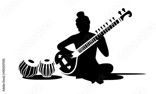 Black Silhouette of a Female Indian Classical Musician Playing Sitar While Sitting with Tabla Drums Perfect for Cultural, Music, and Traditional Themed Designs