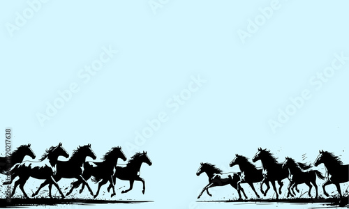 Black Silhouette Herd of Wild Horses Galloping and Running Together on a Light Blue Background Perfect for Equestrian, Wildlife, and Freedom Themed Designs