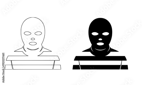 Outline and Solid Black Silhouette Set of a Masked Burglar or Thief in Striped Shirt Wearing Ski Mask Icon Perfect for Crime and Security Themed Designs