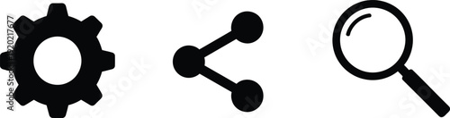 A horizontal row of three distinct black silhouette icons: a gear, a share arrow symbol, and a search magnifying glass, a clean white background