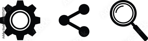 A horizontal row of three distinct black silhouette icons: a gear, a share arrow symbol, and a search magnifying glass, a clean white background