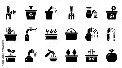 Collection of black icons representing various gardening activities and tools on a white background viewed from directly above