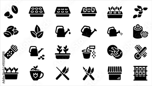 Collection of black icons representing various gardening tools and activities on a white background, viewed from directly above.