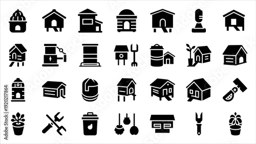 Collection of black house and gardening icons on a white background displayed in a grid layout