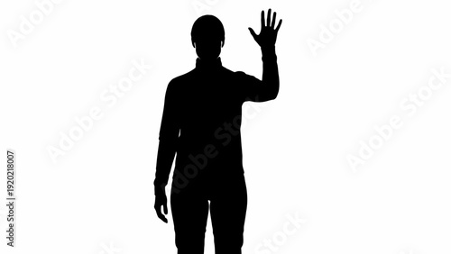 Silhouette of a person waving hello with their right hand raised.