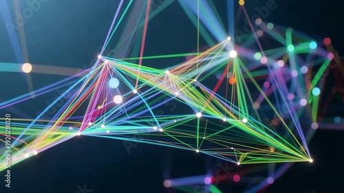 Vibrant Neon Geometric Network Connections with Glowing Light Points and Colorful Lines