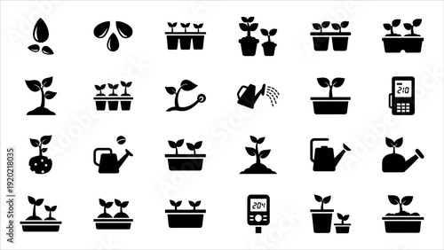 Collection of black plant growth icons displayed on a grid, illustrating various stages of development from seed to mature plant in a simple, graphic style.