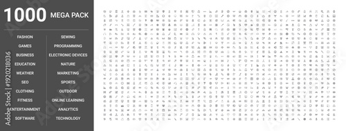 Set of 1000 thin line icons for business, technology, education, weather, fitness, entertainment, nature, clothing, programming, seo, analytics, sewing, online learning, sports, fashion, outdoor
