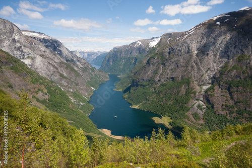 View at Naeroyfjord - famous UNESCO World Heritage Site in Norway. Viewpoint: Rimstigen