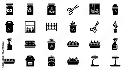 Collection of black and white icons representing various gardening tools and supplies displayed in a grid pattern on a clean background
