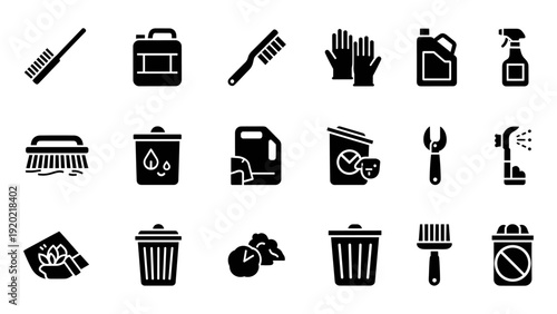 Collection of cleaning icons representing various tools and equipment for maintenance tasks
