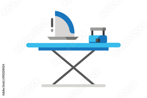 A flat illustration depicts a blue ironing board with a white and blue iron on top