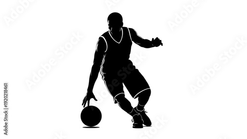 Silhouette of a basketball player dribbling a ball.