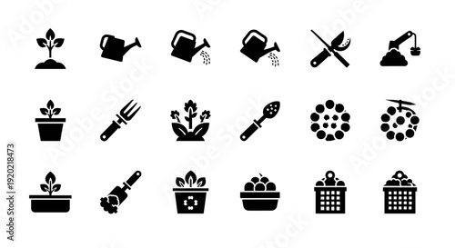 Collection of black gardening icons representing various tools and plants in a grid layout, viewed from directly above