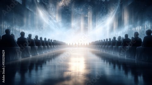 Celestial Assembly: A gathering of figures, bathed in ethereal light, convene in a realm of celestial wonder, gazing upon a radiant sphere that ignites the imagination.