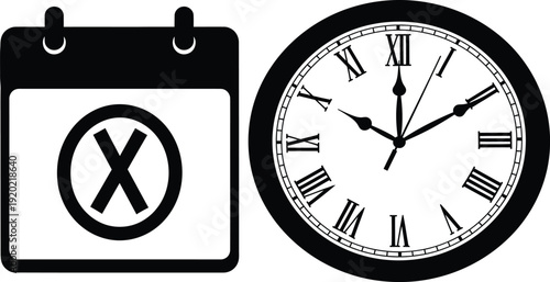 A silhouette of a wall calendar with a specific date marked, combined with a classic analog clock face placed adjacent, a clean white background