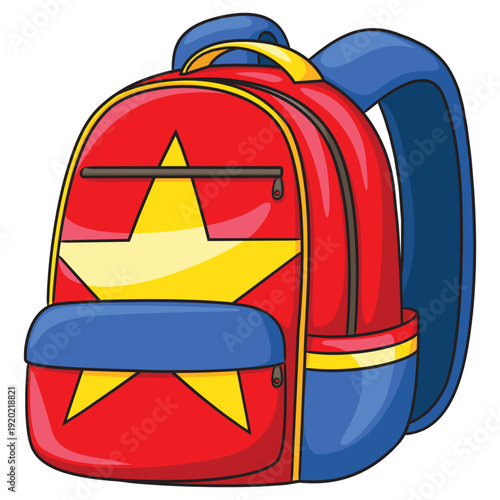 Cartoon red and blue school bag with yellow star