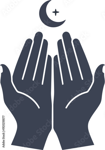 Islamic crescent moon and star above open praying hands