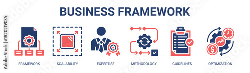 Business Framework web banner icon vector illustration concept with icons of framework, scalability, expertise, methodology, guidelines, and optimization.