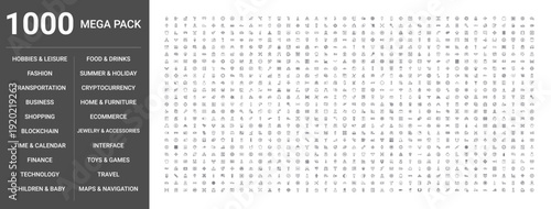 Set of 1000 thin line outline icons such as business, technology, ecommerce, finance, transportation, fashion, food, drinks, home, furniture, cryptocurrency, blockchain, travel, shopping, interface