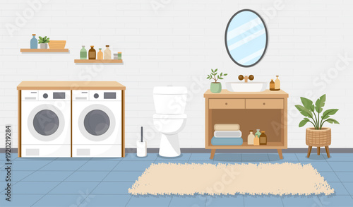 Modern bathroom interior with washing machine, sink cabinet, toilet and home decor. Flat vector illustration of cozy Scandinavian style restroom with plants, shelves and laundry appliances.