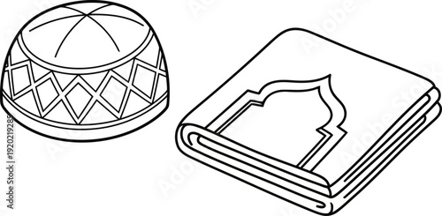 Islamic prayer rug and kufi cap line art prayer mat