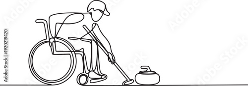 Minimalist Single Line Art of a Disabled Curler with Stick and Stone, Inclusive Sport Silhouette