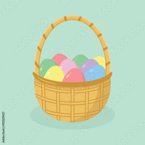 Easter basket filled with colourful eggs. Easter holiday element. Happy Easter vector illustration.