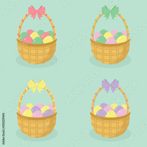 Set of Easter baskets filled with colourful eggs and decorated with the bows. Easter holiday elements. Happy Easter vector illustration.