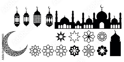 Huge Islamic Ramadan Decoration Elements Set with Mosque Silhouette Lanterns and Geometric Patterns Vector Illustration.