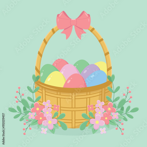 Easter basket filled with colourful eggs and decorated with bow and flowers. Easter holiday element. Happy Easter vector illustration.
