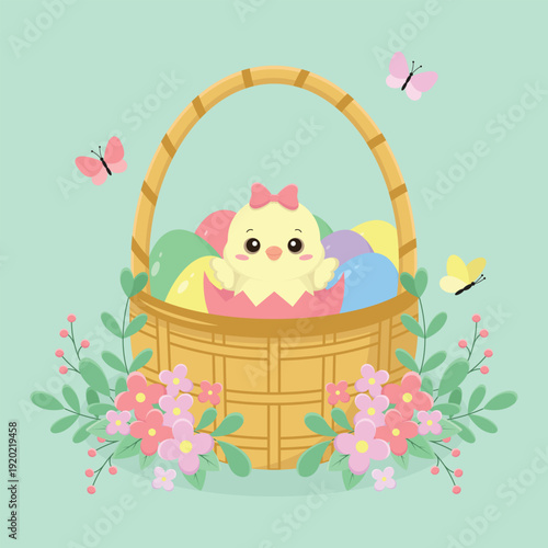 Easter basket filled with colourful eggs and cute hatched chick. Easter holiday element. Happy Easter vector illustration.
