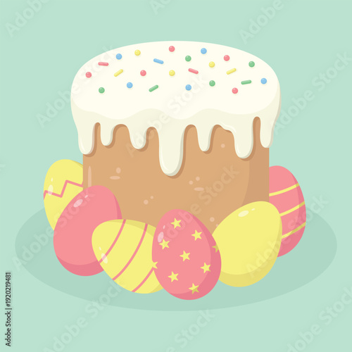 Easter cake with icing and coloured eggs around. Easter holiday elements. Happy Easter vector illustration.