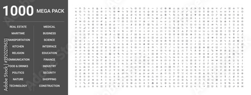Set of 1000 thin line icons for business, medical, technology, security, real estate, finance, education, food, transportation, nature, politics, religion, science, industry, construction, maritime