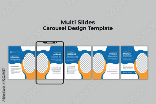 Professional blue and orange business marketing carousel template with five slides and smartphone mockup