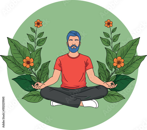 Man Meditating in Lotus Pose Surrounded by Leaves and Flowers Mindfulness Yoga Vector Illustration