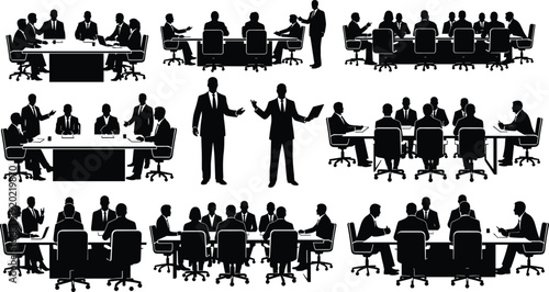 Business Meeting Professional Silhouette Set with Corporate People Sitting at Tables for CAD Drawing Flat Vector Illustration Office Workspace Design