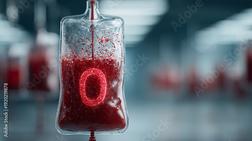 Blood Type O in Medical Setting: A close-up showcases a clear bag filled with vital blood, labeled 'O', hanging against a softly blurred, modern hospital backdrop.
